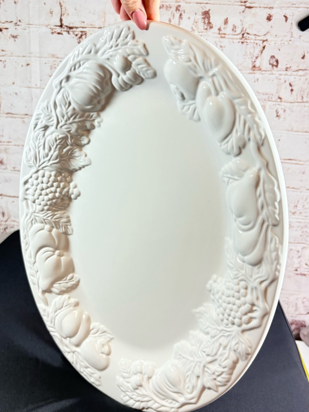 Classic White Ceramic Oval Serving Platter with Fruit Relief
